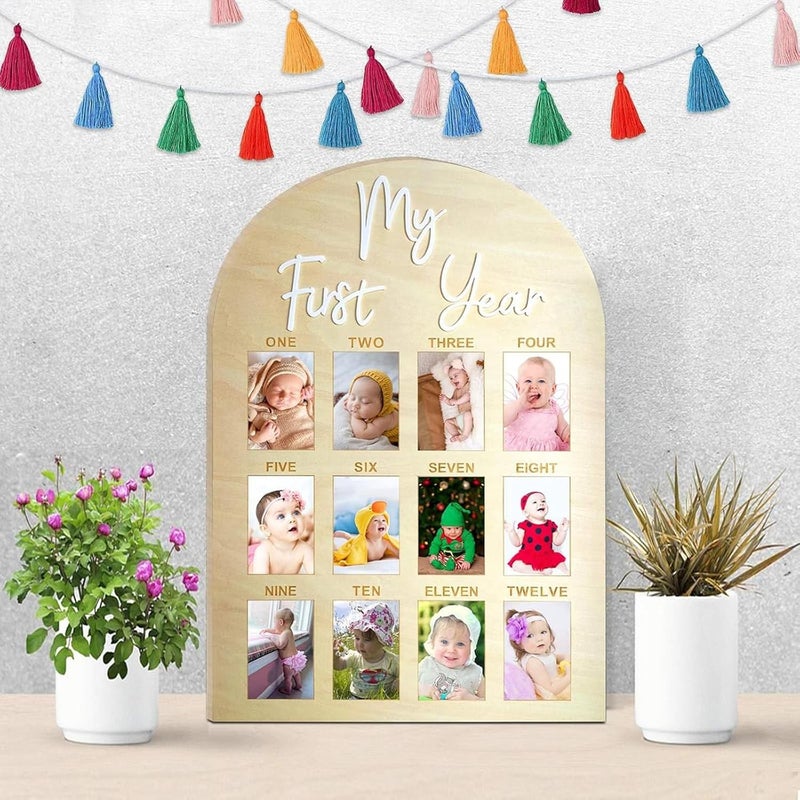 FLhdM My First Year Photo Frame Board, 1st Birthday Girl Boy Gifts, Newborn Newmom Gift, 1 Year Old Girls Gifts, One Year Birthday Party Decorations, Baby Shower Baptism Favors, 12 Months Milestone - Image 3